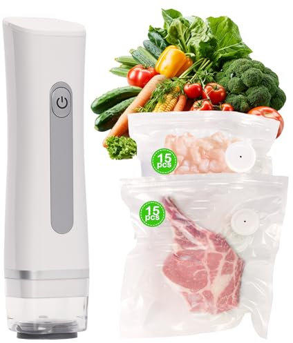 Compact Vacuum Sealer Machine, Protable Vacuum Food Sealer with 30 Reusable Vacuum Bags (Small Size*15, Medium Size*15), Handheld Vacuum Sealer Auto-Stop for Preserving Food, Vegetables, Fruits, Meat