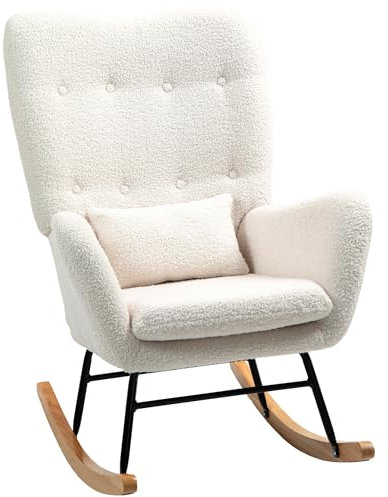 HOMCOM Schaukelstuhl, Stillsessel mit Teddystoff-Optik, Armlehne, Relaxsessel mit Lendenkissen, Holzkufen, Schwingsessel Schaukelsessel für Schlafzimmer Wohnzimmer, Cremeweiß