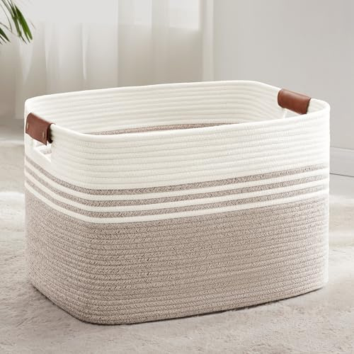 Wäschekorb Geflochten Groß aus Baumwollseil, 86L Aufbewahrungskorb mit Lederhenkeln, Korb für Decken, Kleidung, Spielzeug, Laundry Basket für Kinderzimmer Wohnzimmer, 60 x 40 x 36 cm, Weiß und Braun