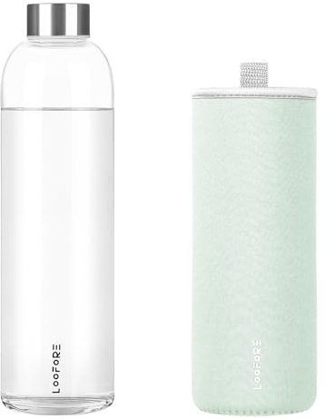 LOOFORE Glass Water Bottle 1L 1000ml, BPA-Free Leak Proof, 1 Litre Large Borosilicate Wide Mouth Glass Drinking Bottles with Protective Sleeves for Sports and Gym with Hot Cold Drinks