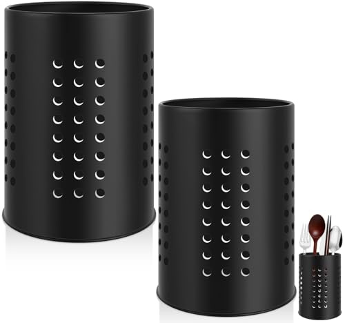 Soporte Utensilios Cocina con Diseño Transpirable, Porta Encimeras Acero Inoxidable, Almacenamiento Cubiertos Negro, Organizador Para Palillos Cucharas y Espátulas (10 X 16.5 cm y 12 X 18 cm)