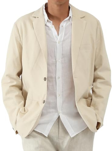 CLSEN Mens Casual Blazer Sport Coat Lightweight Jacket Cotton Linen Blend Business Wedding Formal Two Button Design (US, Alpha, Medium, Regular, Regular, Sand)