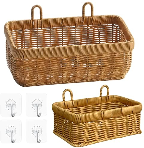 2 cestas de almacenamiento trenzadas de ratán, organizador de pared, cesta de almacenamiento colgante de pared, contenedor decorativo, para salones, dormitorios y oficinas
