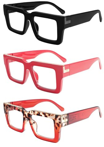 KoKoBin Confezione da 3 occhiali da lettura in stile per donna e uomo, occhiali con filtro luce blu, montatura quadrata elegante con cerniera a molla (Nero/Stampa leopardata/Rosso, 2, x)