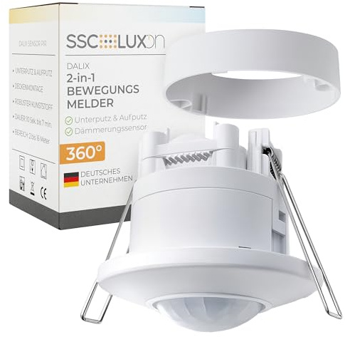 SSC-LUXon DALIX Bewegungsmelder Innen Decke flach Unterputz oder Aufputz 2in1 programmierbar für Innen - PIR Sensor Weiß 360 Grad 16m Reichweite