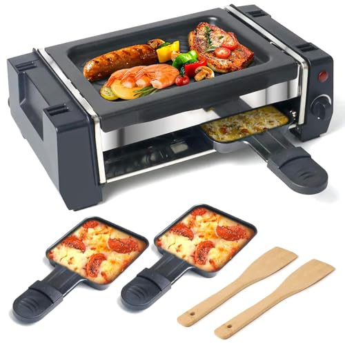 Raclettegrill 500W – 2-i-1 Elektrisk Inomhusgrill Med Non-stickplatta & Temperaturkontroll, Mini Bord-BBQ Med 2 Raclettepannor & Träspatlar För Familj & Fest
