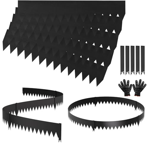 Peviasot Rabattkant metall, 100 x 20 cm gräskanter med vassa sågtänder, flexibel rabattkant med clips och handskar, svart, 5 stycken (längd 5 m – höjd 20 cm)