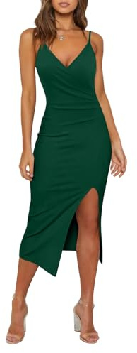 MISSJOY Cocktail Party Dresses for Women Sleeveless Spaghetti Strap Formal Birthday Dinner Bodycon Midi Slit Dress Dark Green XL