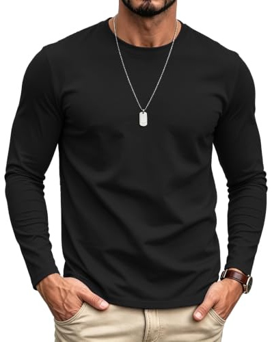 Men's Classic Crew Neck T-Shirt, 100% Cotton Long Sleeve Tee, Breathable Soft Casual Top for Daily Wear & Layering