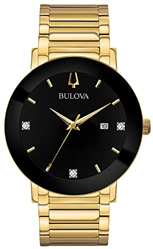 Bulova Men's Modern Gold Tone Stainless Steel 3-Hand Calendar Date Quartz Watch, Black Dial with Diamonds Style: 97D116