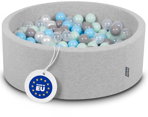 KiddyMoon 90X30cm/200 Bolas ∅ 7Cm Piscina De Bolas para Ninos Hecha En La UE, Gris Clr:Perla/Gris/Transparente/Azul Clr/Menta