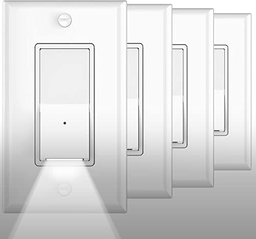 4Pack SOZULAMP Illuminated Light Switch-Esay to Install,No Neutral Wire,Single-Pole Paddle Rocker Lightswitch with Night Light,15Amp 120/277Volt,Glossy White