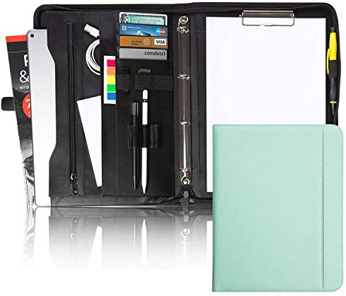 Vebon® Schreibmappe Ringbuch A4 Berlin I Reißverschluss + Klemmbrett I Konferenzmappe + Laptoptasche I extra Stauraum I Türkis I Kunstleder