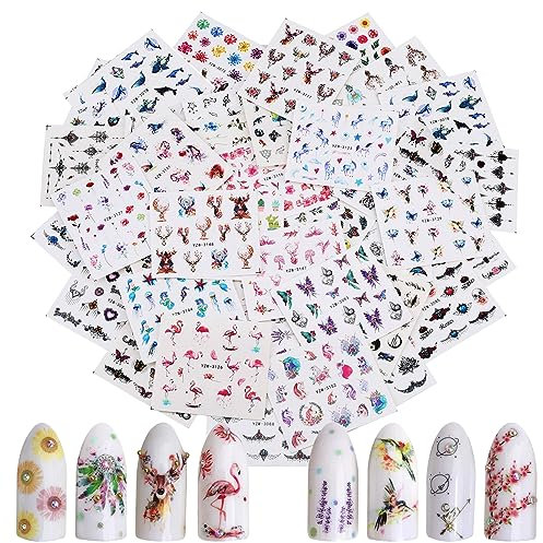 MWOOT 48 Blatt Nagelsticker,Nagelaufkleber Wassertransfer Aufkleber Abziehbilder mit Tier Blumen Schmetterling Traumfänger Muster,Nagel Tattoo Aufkleber für DIY NagelDesign