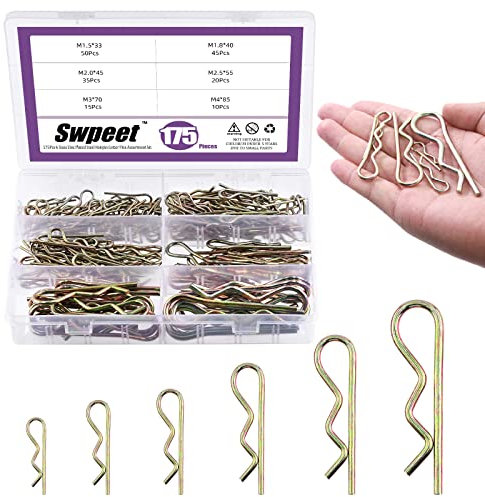 Swpeet 175 Stück 6 Größen gemischte verzinkte Stahl Splinte Haarnadel Anhängerkupplung Pin R-Form Clips Verschluss Montagesortiment Kit mehrere Größen Haarnadeln R Clips