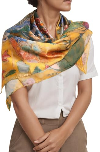 Prettystern Donna 100% Seta Foulard Scialli Cerimonia arte nouveau Gustav Klimt 90cm Quadrato Regalo Idea P375 Signora con fan D'oro