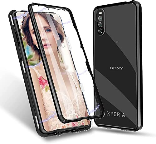 Gypsophilaa Hülle für Sony Xperia 10 V, Magnetische Metallrahmen Handyhülle 360 Grad Full Body Vorne hinten Gehärtetes Glas Schutzhülle Einteiliges Ultra Dünn Flip Transparente Cover,Schwarz