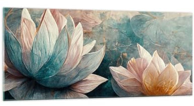 Quadri Moderni Soggiorno Fiori Art Deco Loto Quadro su Vetro 120x50cm Stampe da Parete in Vetro Camera da Letto Cucina 1 pezzo Wall Art Grandi Decorazione Murale Grafica Immagini GAB120x50-5976