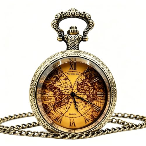 plyrmonth Tea Colored Glass Double Earth Pattern Pocket Watch, Unisex Casual Quartz Retro Pocket Watch, Christmas, Birthday, A Thoughtful Gift for Friends and Partners.