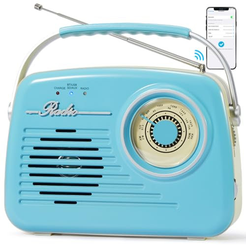 Radio portable AM FM - Petite radio rétro vintage - Bluetooth - Fonctionne avec piles AA ou prise dans le mur - Prise en charge de la carte SD AUX USB - Lecteur MP3 pour la maison/l'extérieur - Bleu