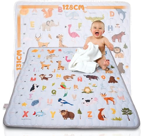MP MARCHPEREIRA -Alfombra Bebe Acolchada Plegable, 128x131cm, Colchoneta para Juegos y Actividades en el Suelo de Algodon, Antideslizante, con Metro y Animales Dibujados, Facil de Limpiar.