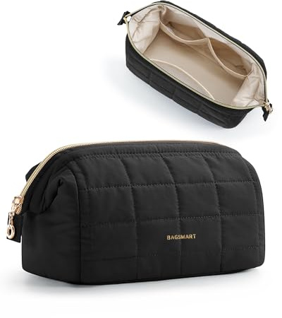 BAGSMART Estuche de maquillaje bolsa de cosméticos neceser de viaje acolchado organizador de maquillaje, bolsa ancha para abrir, accesorios de viaje, artículos de aseo, cepillos, Negro