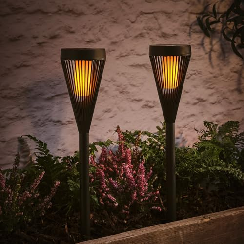 Lights4fun Juego de 2 Antorchas Solares LED Blanca Cálida con Llama Parpadeante de 45 cm Decoración para Jardín Balcón Exterior