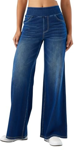 SotRong Wide Straight Leg Baggy Jeans for Women High Elastic Waisted Pull On Jegging Tummy Control Palazzo Denim Pants Casual Soft Loose Stretchy Curve Sweatpant Jean Trousers Navy Blue XL