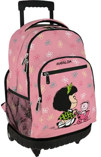 Grafoplás - Skolryggsäck med hjul, Mafalda Baby Cart, integrerad vagn, 29 liter, 52 x 37 x 25 cm, Roller-modell, perfekt skolmaterial för barn och grundskola, Rosa, 52x37x25cm, skola