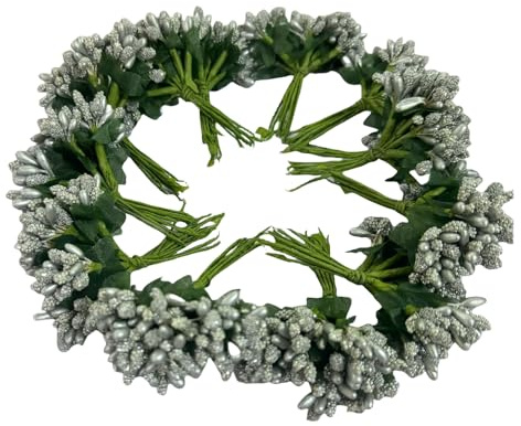 144 pezzi di stelo di fiore artificiale mini argento con pistillo e gambo morbido, bacche minuscole da 20 mm per creare accessori per capelli da sposa fai-da-te, decorazioni per torte, braccialetto