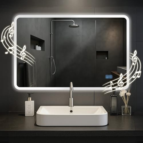 CLP Jericho Miroir de salle de bain avec éclairage, haut-parleur Bluetooth, anti-buée, miroir mural LED à intensité variable, 3 modes d'éclairage, dimensions : 70 x 100 cm