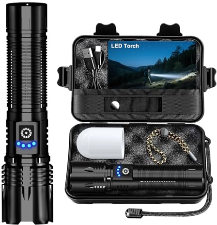 Taschenlampe LED Extrem Hell USB C Aufladbar 50000 Lumen 24 Stunden Akkulaufzeit Taschenlampen Zoombare Torch mit 5 Lichtmodi IP67 wasserdicht, Akku Flashlight Taktische für Camping Wandern Notfäll