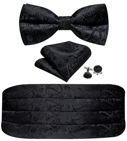 Barry.Wang Black Cummerbund Bow Tie for Men Paisley Silk Pre-Tied Bowtie Pocket Square Cufflinks Set Formal Wedding Party Prom Tuxedo