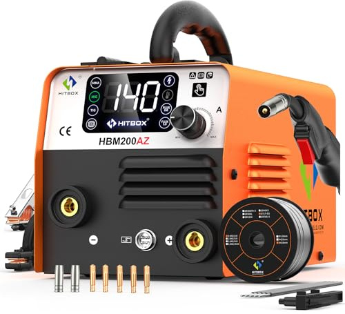 HITBOX 140A 240V Mini MIG Welder Flux Core Welder MIG ARC 4 in 1 Compact MIG Welding Machine Inverter Gasless Welding Machine(HBM200AZ)
