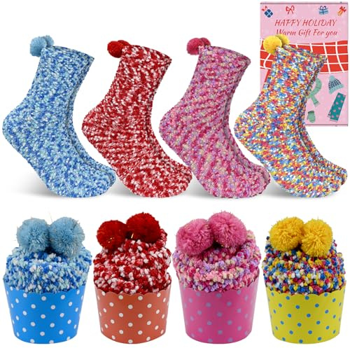 KOOOGEAR 4 pares de calcetines de peluche para mujer, calcetines de Navidad cálidos para invierno, talla única, regalos de Navidad para mujeres, San Valentín, regalo de cumpleaños, OYblueR, L Grande