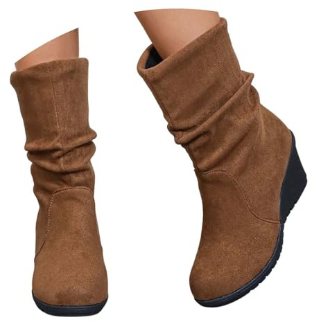 KBOPLEMQ Bottines pour femme avec talon élégant en daim - Talon compensé - Bottes mi-hautes - Bottes à enfiler - Bottines à tige courte - Bottes unies pour femme, O Marron., Taille 38