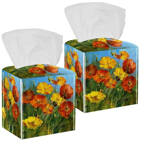 2 scatole quadrate per fazzoletti, in pelle con papaveri, per carta facciale, organizer per cosmetici, comodino, tavolo, piano di lavoro, ufficio, auto