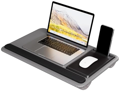 Portable Lap Desk Wood Laptop Tray with Cushion, Lightweight Laptop Stand for Bed Lap Tray with Built-In Mouse Pad, Wrist Rest, Phone Slot, Lap Stand for Sofa and Bed, Grey