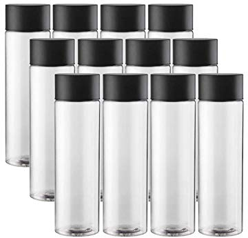 Got Dragon 12-Pack Empty Plastic Juice and Water Bottles, 400ml Reusable Containers with Black Lids for Smoothies, Sensory Crafts, and Calm Down Activities