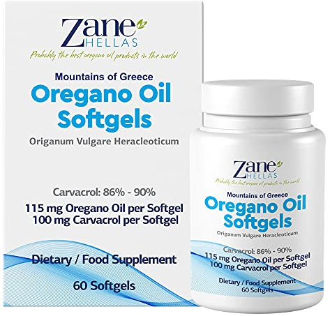 Zane Hellas Oregano Oil Softgels.Hohe Konzentration. Jedes Softgel enthält 20% griechisches ätherisches Öl von Oregano. 100 mg Carvacrol pro Kapsel. 120 Kapseln. Packung mit 2 Stück.