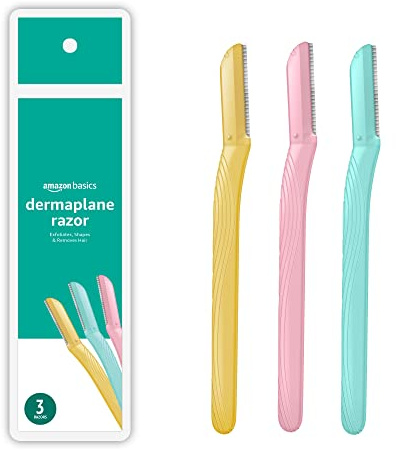Amazon Basics Women's Dermaplaning Tool, Peach Fuzz Remover, Facial Hair Removal, Exfoliating Face Razor with Microguard Blade for Safe Eyebrow Shaping, Includes Blade Cover, Multicolor, 3 Count
