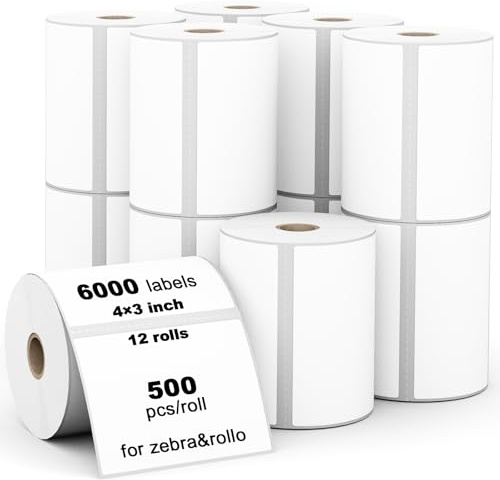 Labelebal 12 rollos de etiquetas térmicas directas de 4 x 3 pulgadas (101 mm x 76 mm), calcomanías multiusos de códigos de barras para dirección de envío, postal, compatibles con impresoras de