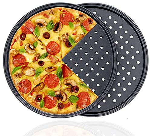 2 Pièces Moules à Pizza, Plaque Cuisson Pizza, Perforé Pizza Plateau, Acier au Carbone Pizza Pan, Idéal pour la Cuisson à La Maison et en Fête, Utilisé pour Faire Une Variété de Pizzas, Tartes