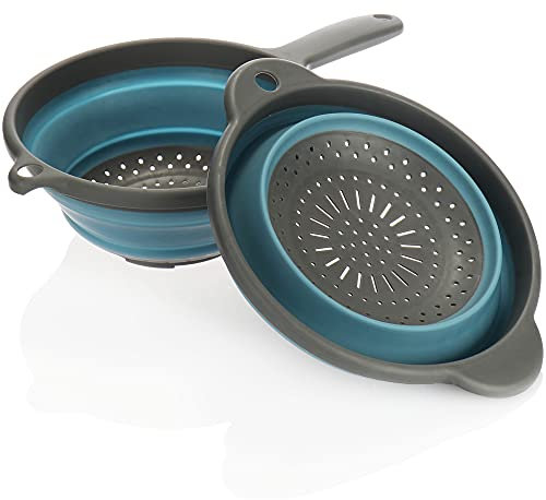 com-four® 2x Faltbare Küchen-Siebe mit und ohne Stiel, zusammenklappbares Silikonsieb, Nudelsieb, Abtropfsieb für Nudeln, Gemüse, Obst (2 Stück - blau/grau mit/ohne Stiel)