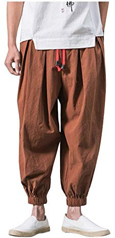 IQYU Herren Haremshose Einfachheit Aladinhose - Chinesisch Retro Stil Weite Beine Yogahose Pilates Kampfsport Kung Fu Tai Chi ThailäNdisch Freizeit Knickerbocker Ausgeleiert Training Hose