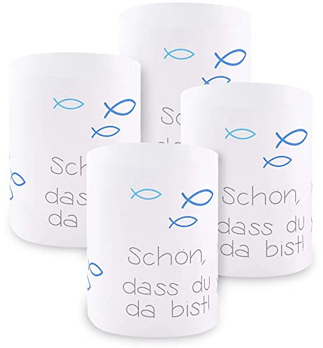 Windlicht Fisch Deko, 8 Stück Mini Tischlichter Kerzen Deko als Tischdeko für Junge und Mädchen Kommunion Konfirmation Taufe Teelichter I Schön DASS du da bist I ca. 8,0 x 10,0 cm (Blau)