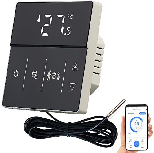 revolt WiFi Thermostat: WLAN-Fußbodenheizung-Thermostat mit App und Sprachsteuerung, schwarz (Fußbodenheizung Steuerung, Fußbodenheizung Thermostat Alexa, Infrarotheizung)