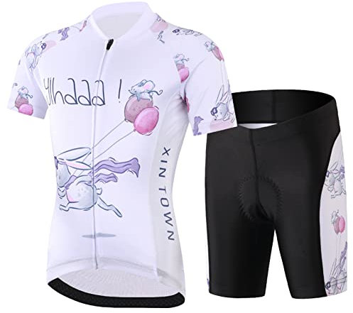 Amur Leopard Kinder Radtrikot Set Jungen Radsport Bekleidung Mädchen Fahrrad Trikot Kurzarm & Kurz Radhose mit Sitzpolster, Weiß, 134-140 (Etikettgröße: XL)