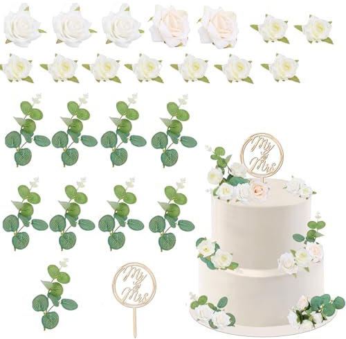 Yamitora 24 Stück Cake Topper Hochzeit Holz Tortendeko Mr Mrs Torten Topper Deko, Tortenstecker Rosen Geldpflanzen Dekoration, Kuchen Deko Party