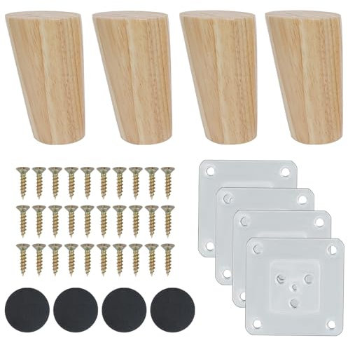 Luabue 4pcs Pieds de Meuble Inclinés en Bois 8cm - Pieds de Rechange Massif pour Canapé, Fauteuil, Table, Meuble TV avec Accessoires